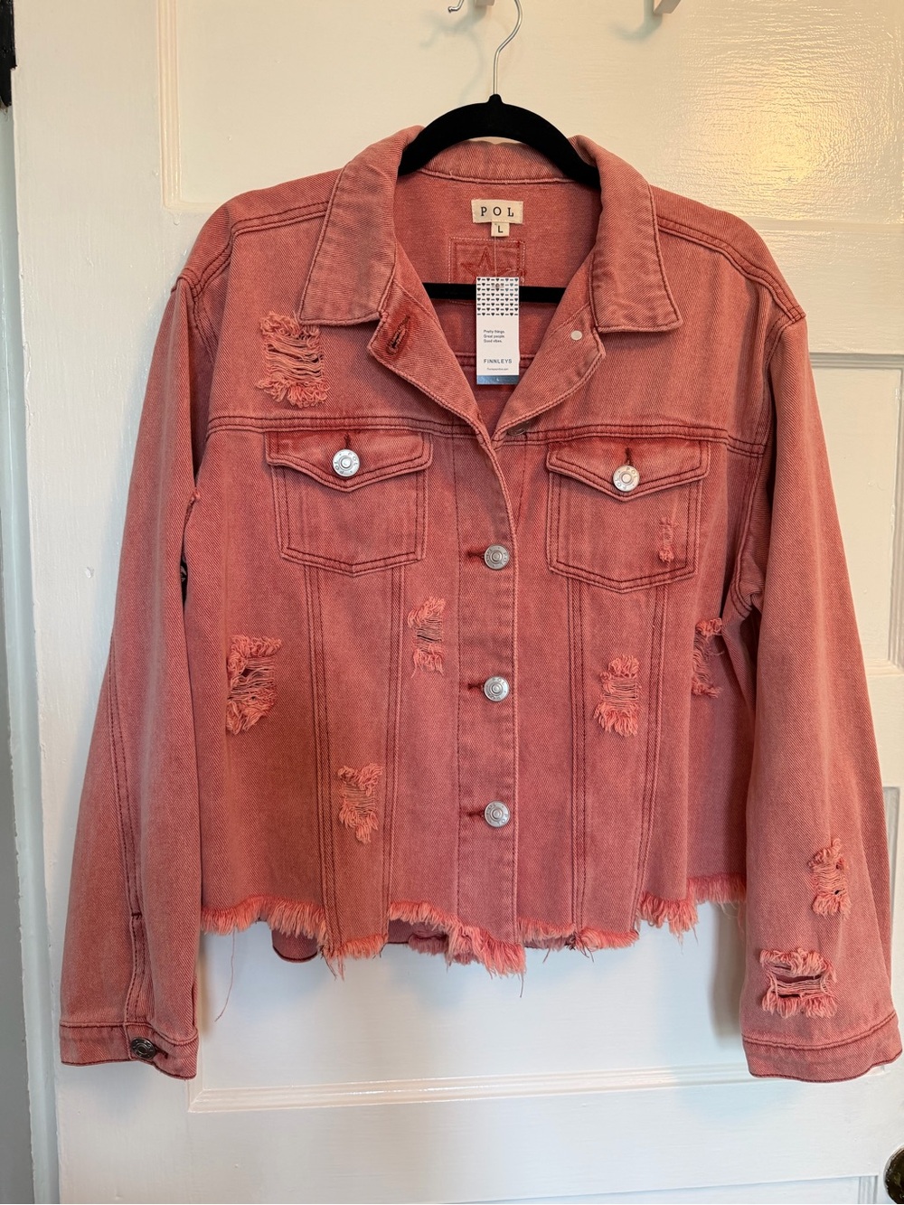POL Pink Distressed Denim Jacket